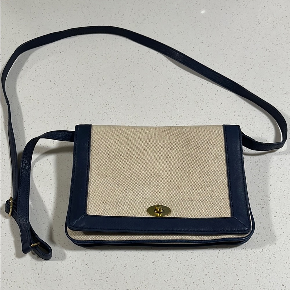 J. Crew Cream and Blue Crossbody Bag with Classic Design